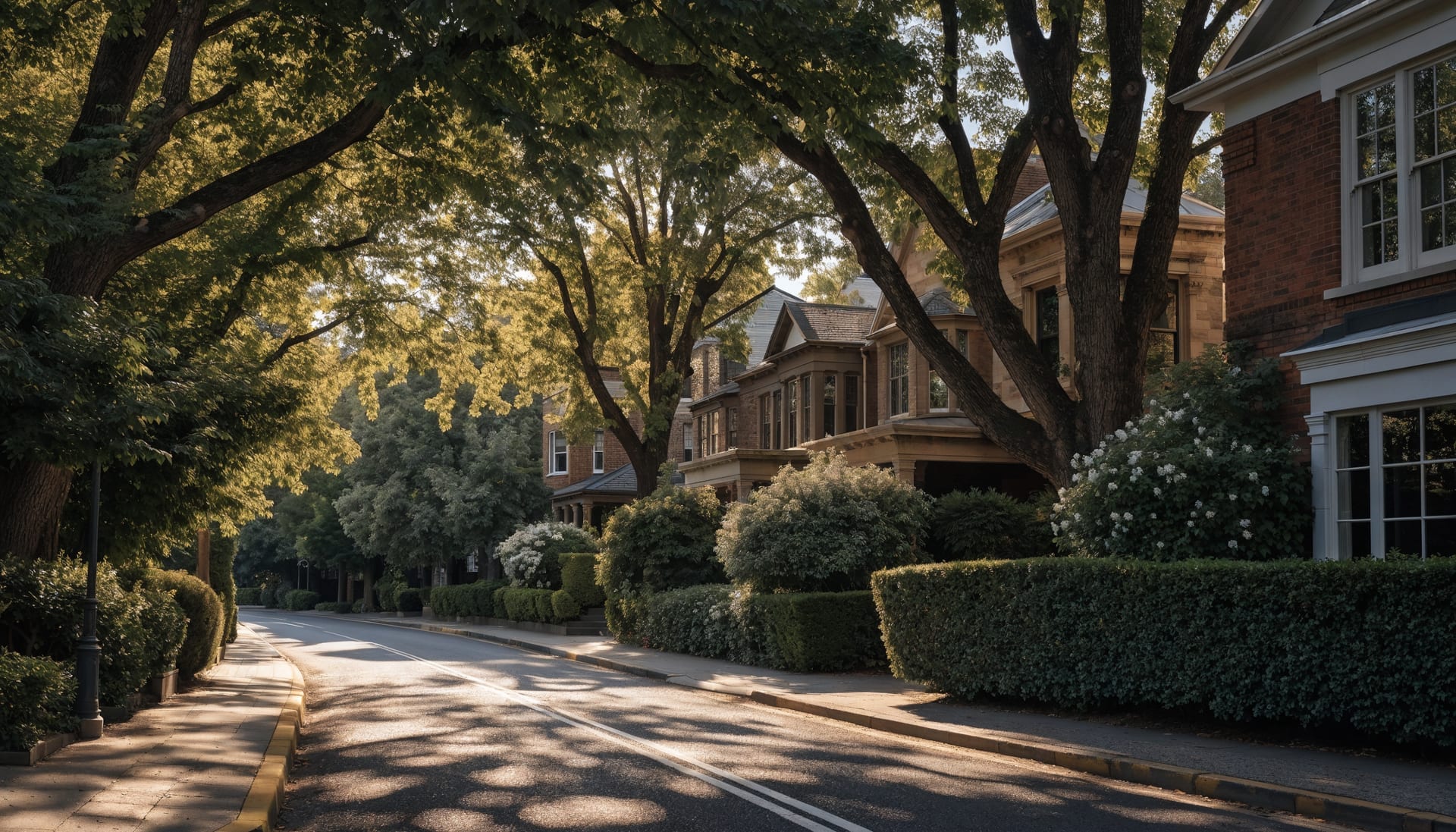 A leafy street of clipped front hedges and established gardens under mature trees.