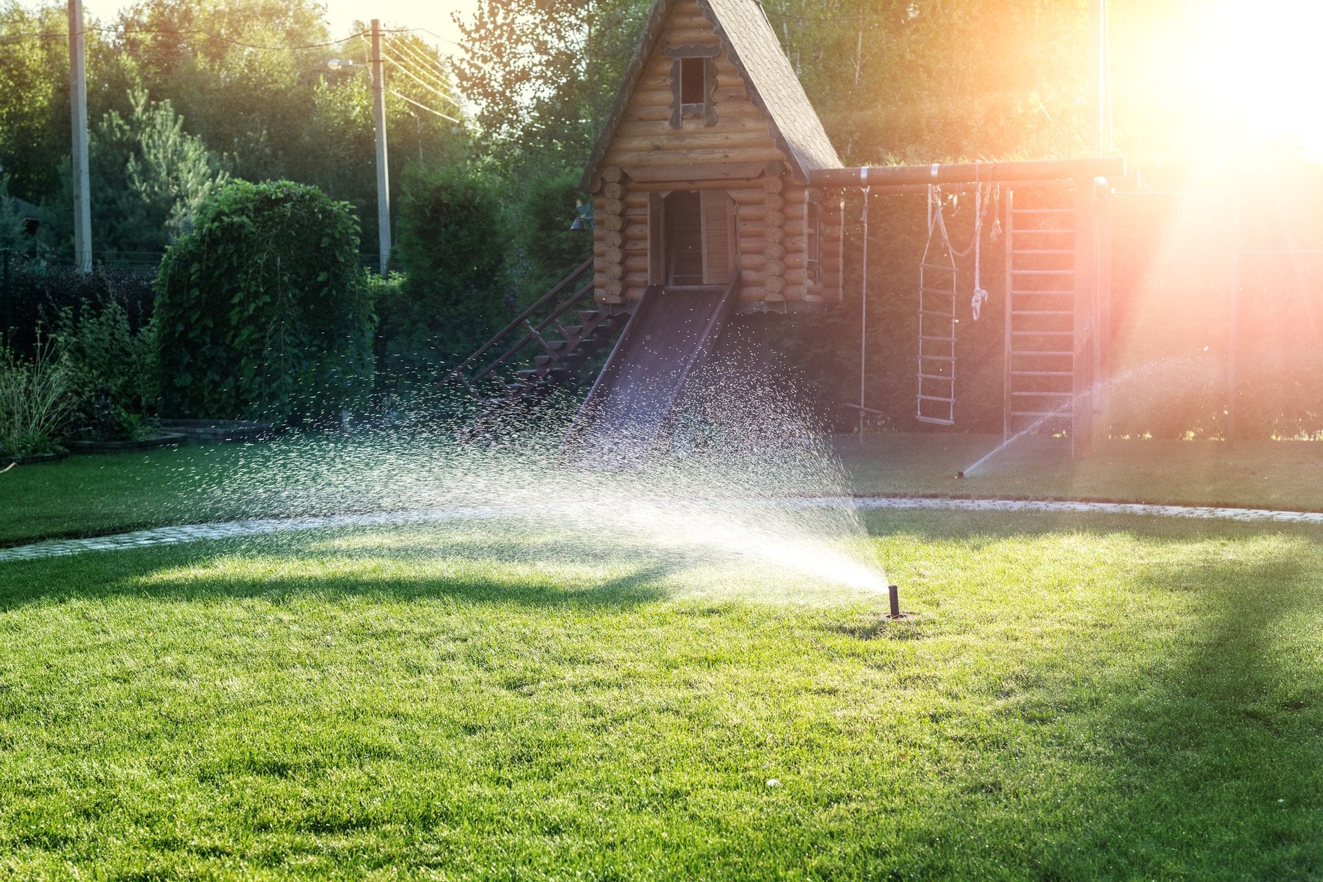 A pop-up sprinkler watering a lawn at golden hour, with a timber cubby house and slide behind