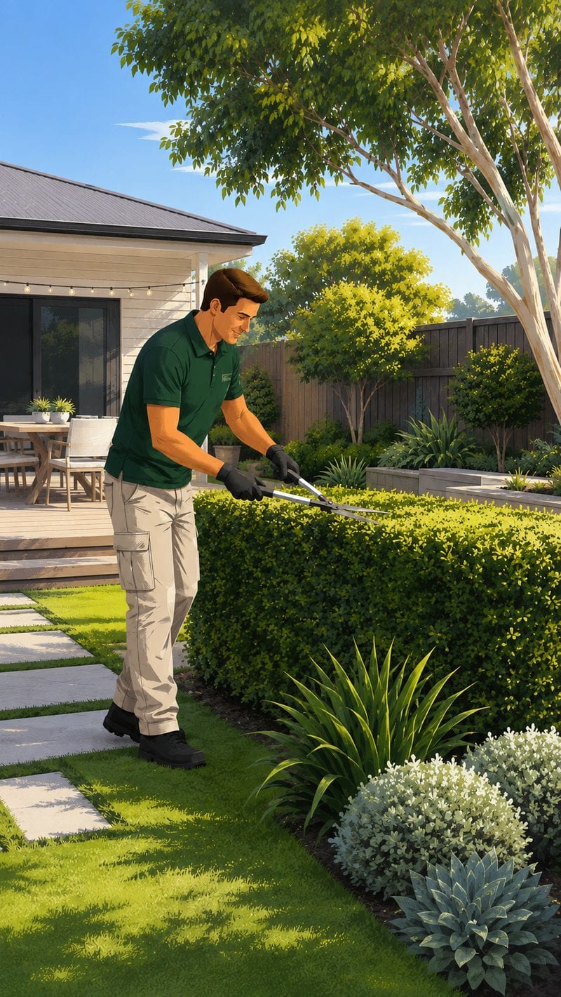 A Hort Culture horticulturist in uniform shaping a low hedge with shears beside a timber deck.