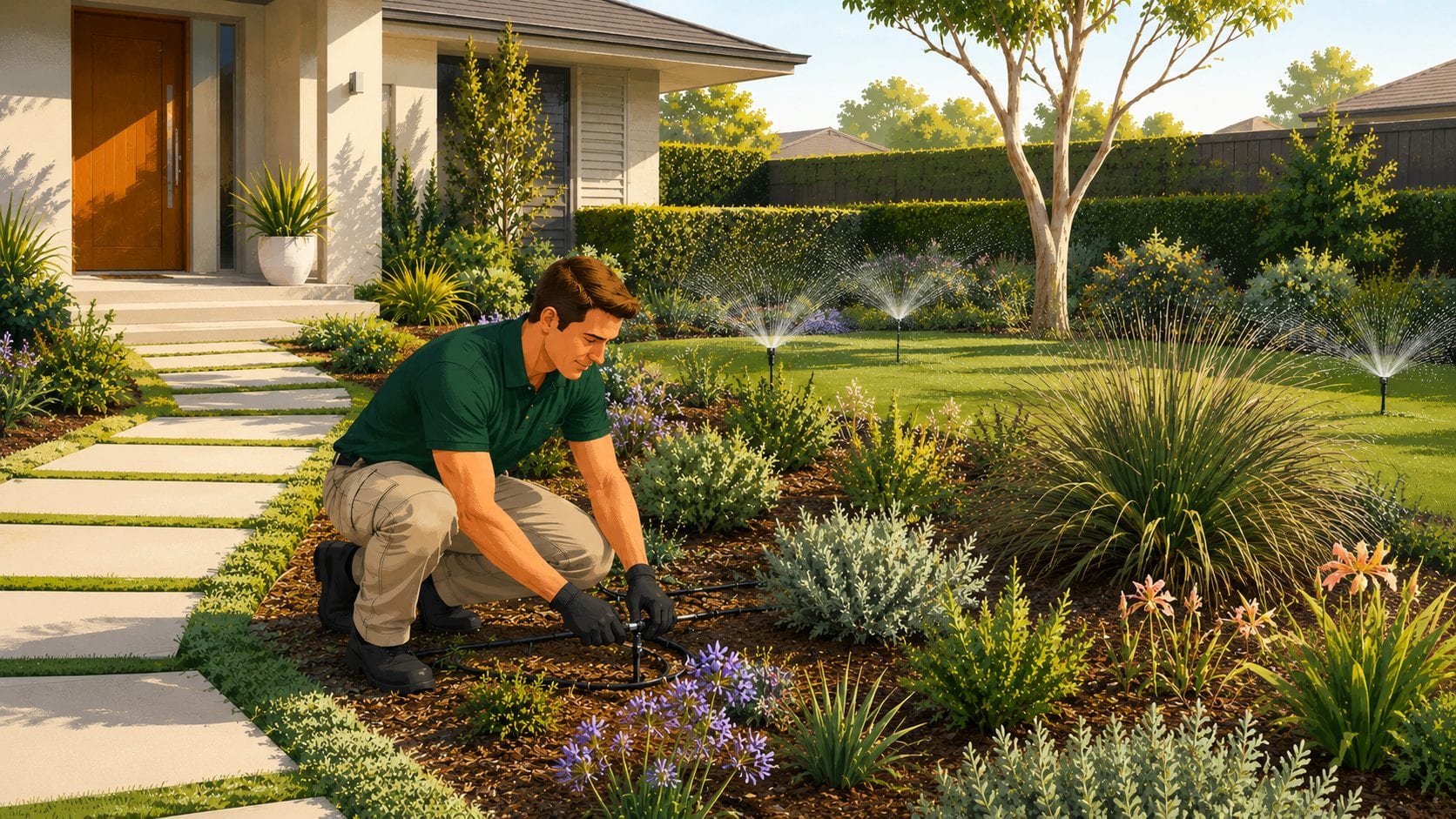 A Hort Culture horticulturist in uniform adjusting dripline in a planted garden bed while sprinklers water the lawn behind.