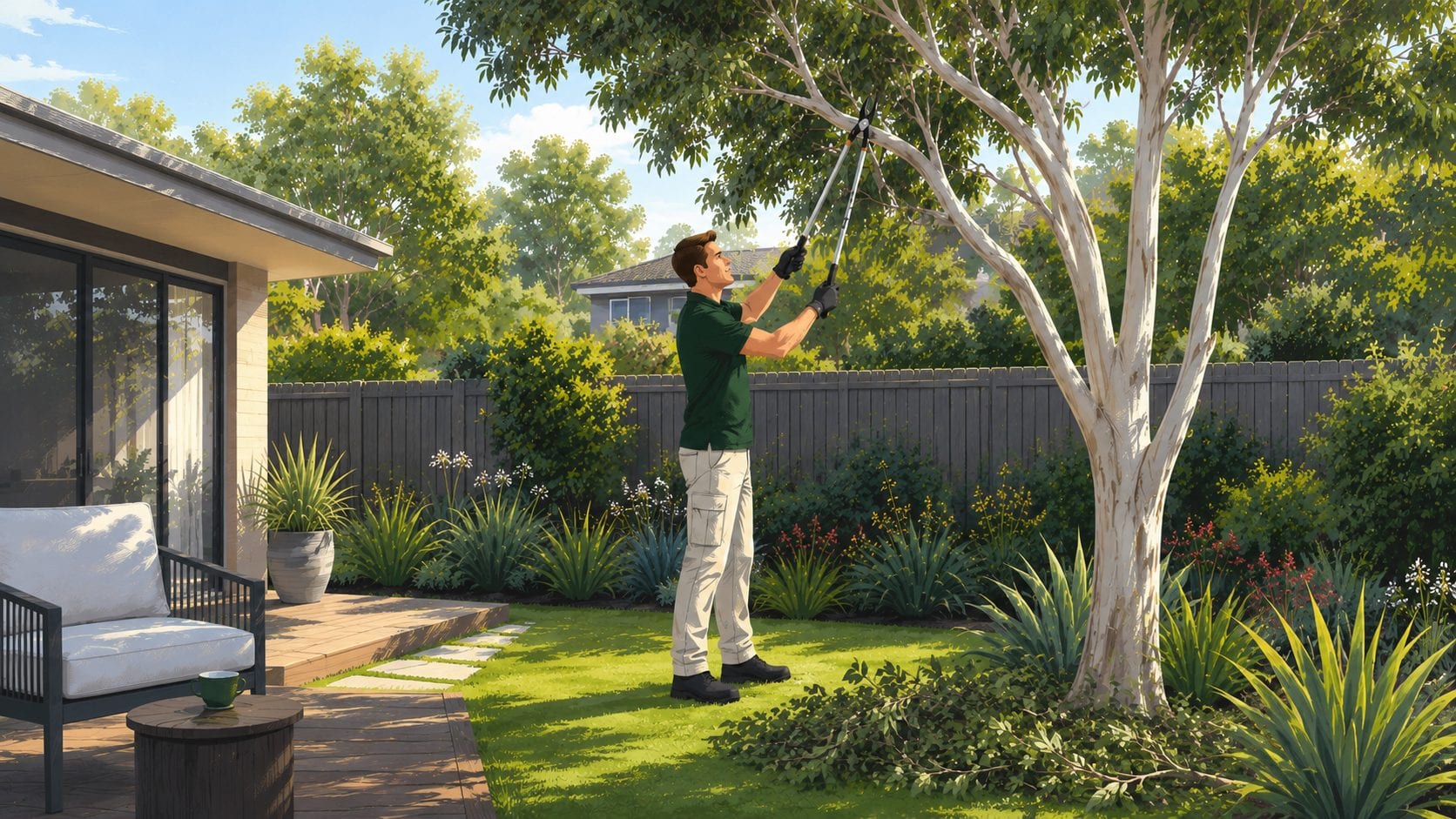 A Hort Culture horticulturist pruning a tree with pole loppers in an established back garden.