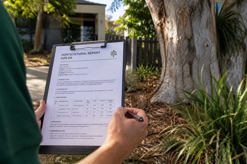 Horticulturist assessing a mature tree with a clipboard