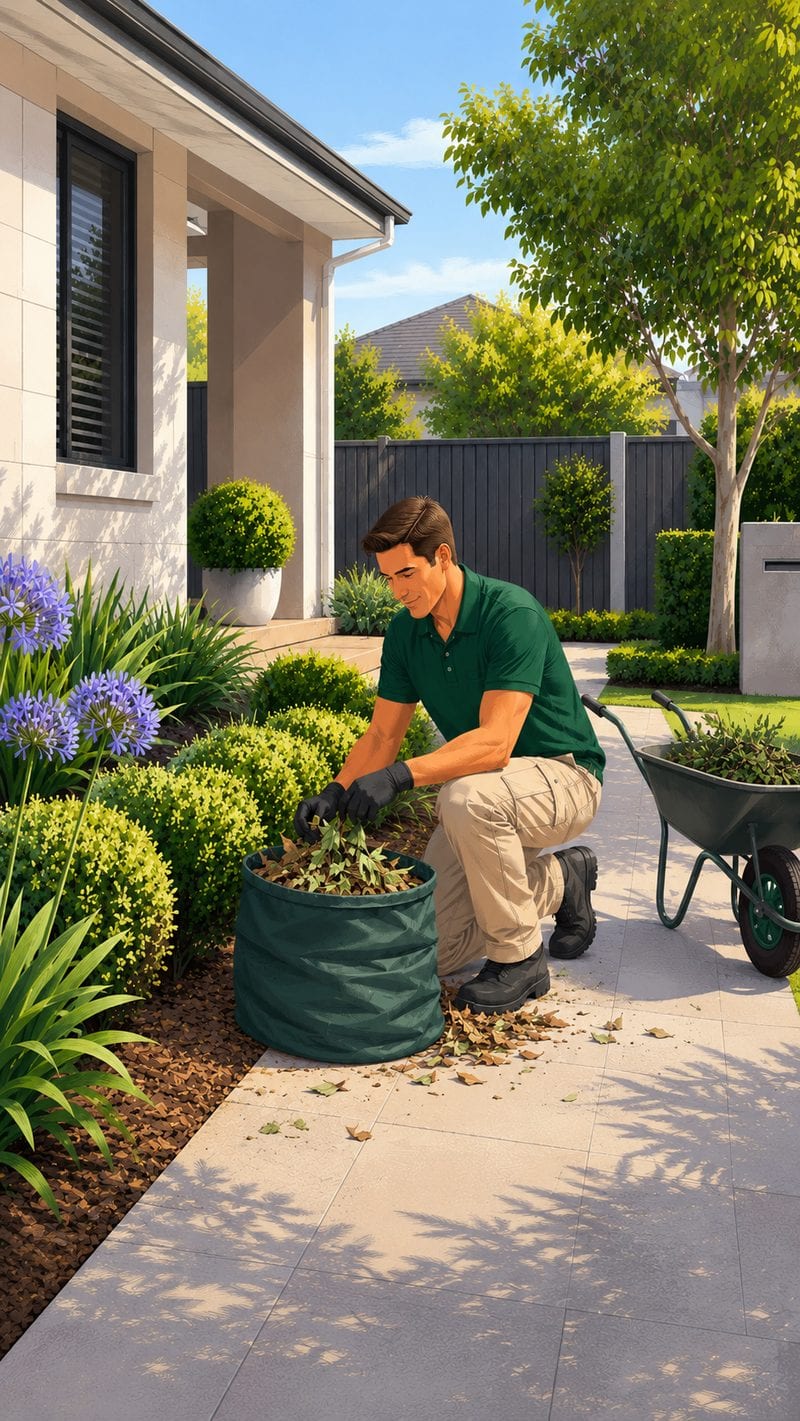 A Hort Culture horticulturist in uniform tidying a front garden bed, with a green waste bag and barrow beside them.