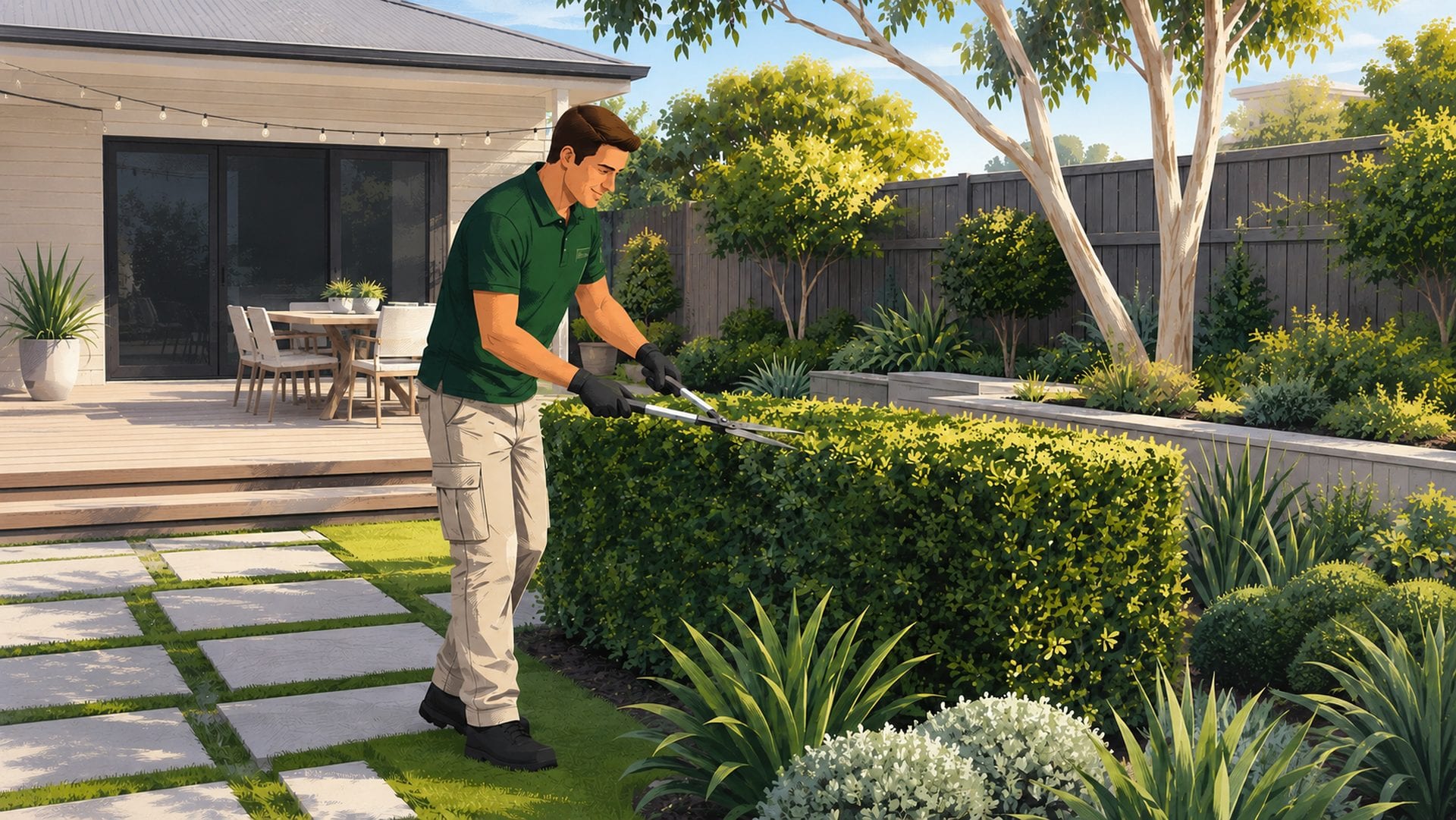 A Hort Culture horticulturist in uniform shaping a low hedge with shears beside a timber deck.
