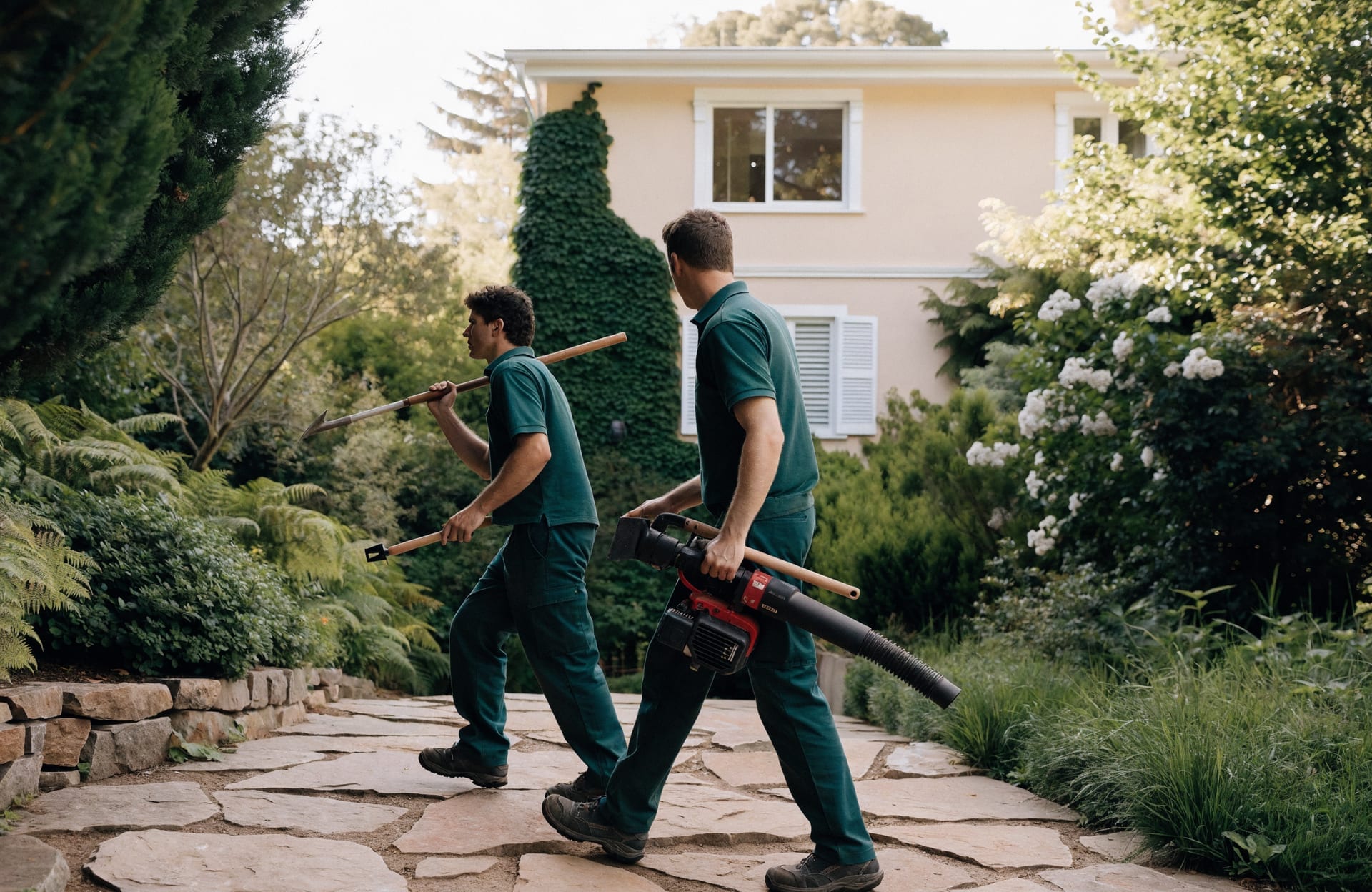 Two Hort Culture crew members in uniform walking up a flagstone path into an established garden, carrying a rake and a leaf blower.